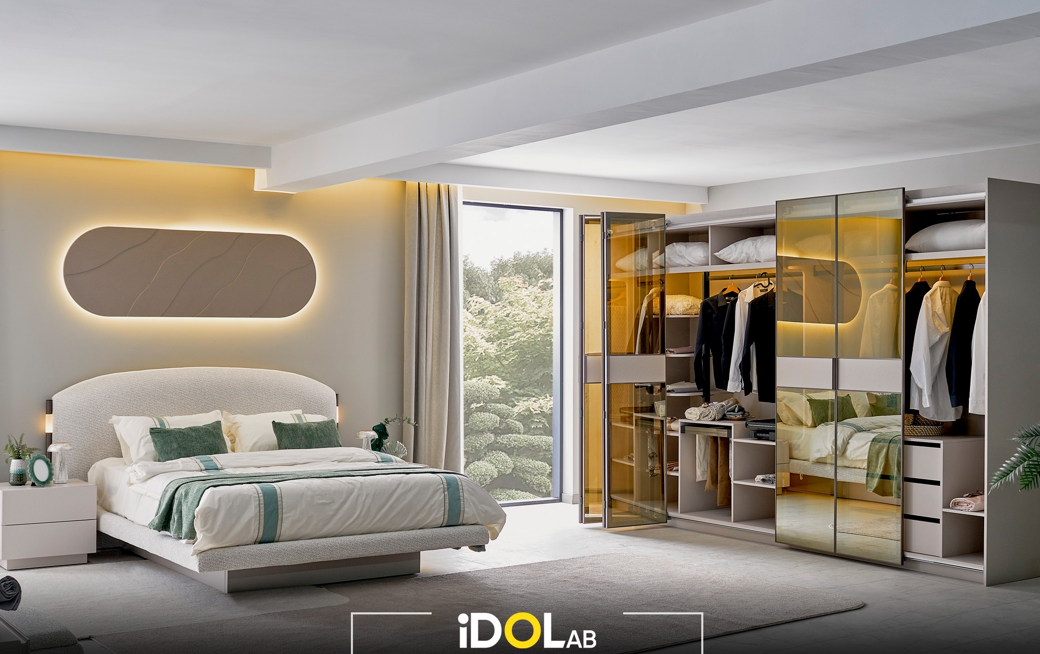 Bouclé Bedroom with Walk-in Wardrobe