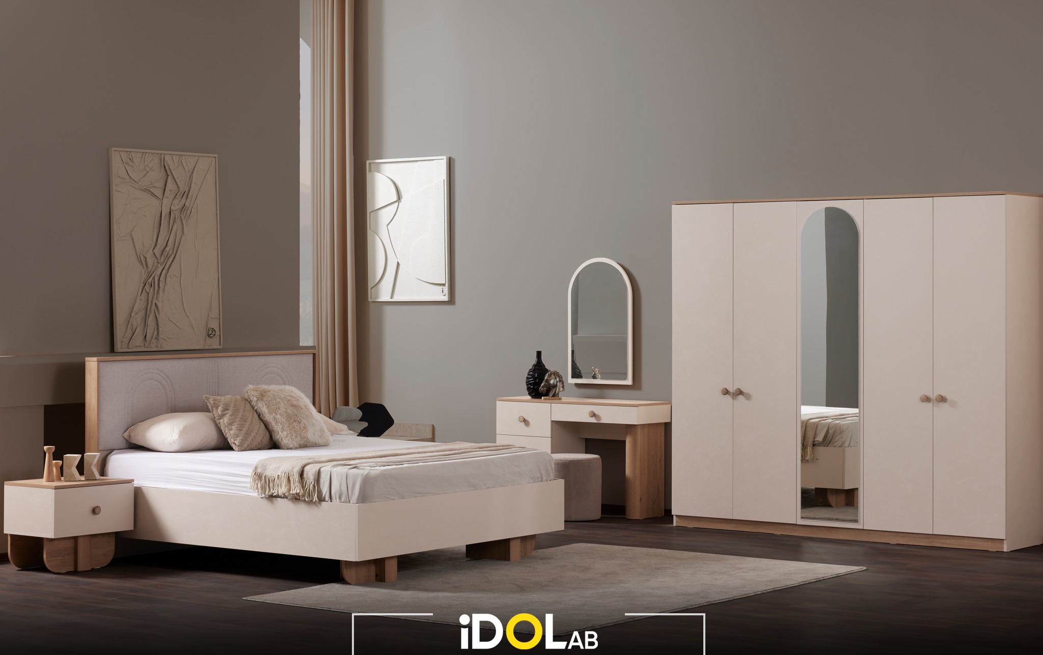 Cream Bedroom Set with Mirrored Wardrobe